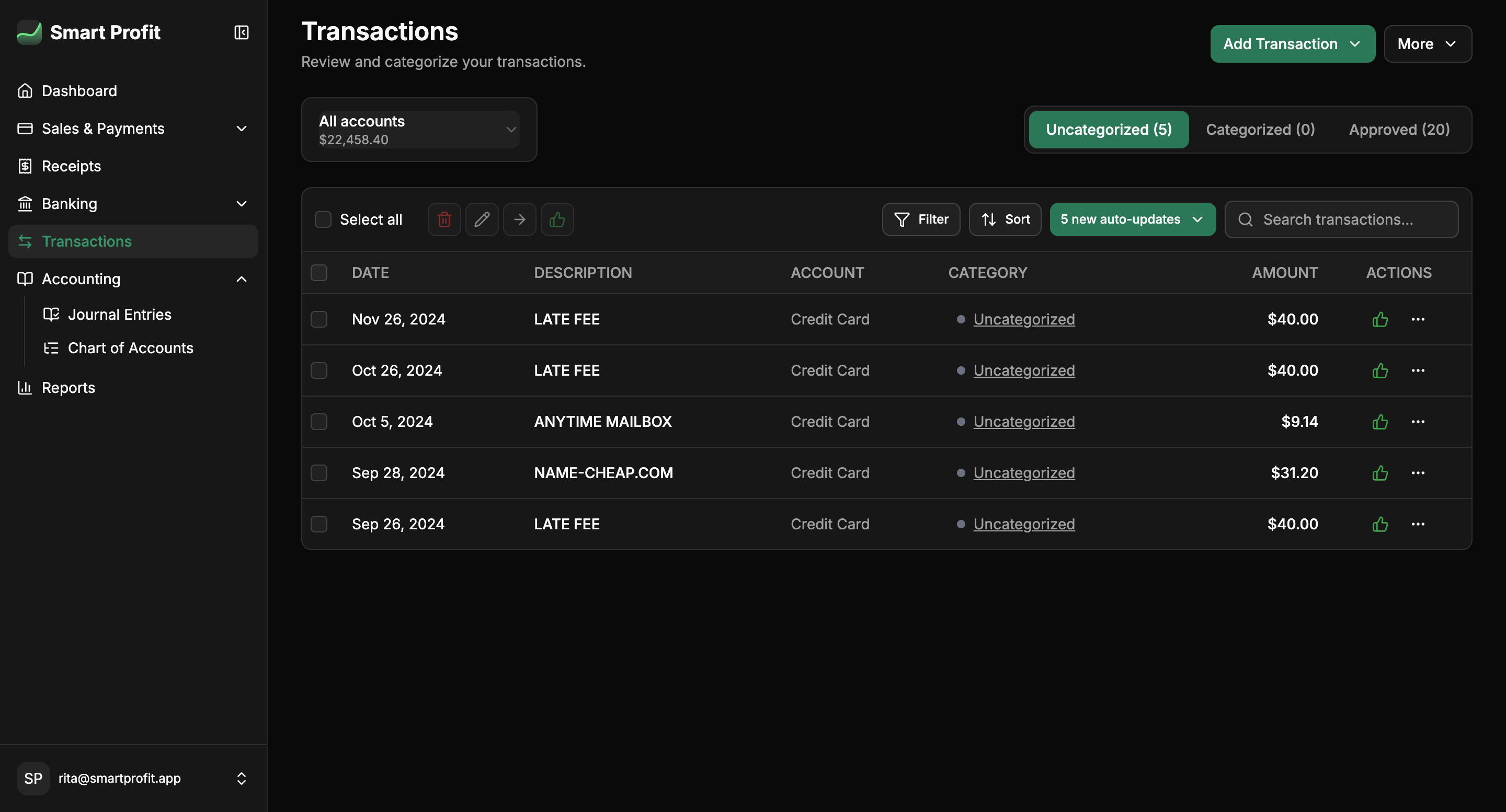 Smart Profit transactions dashboard