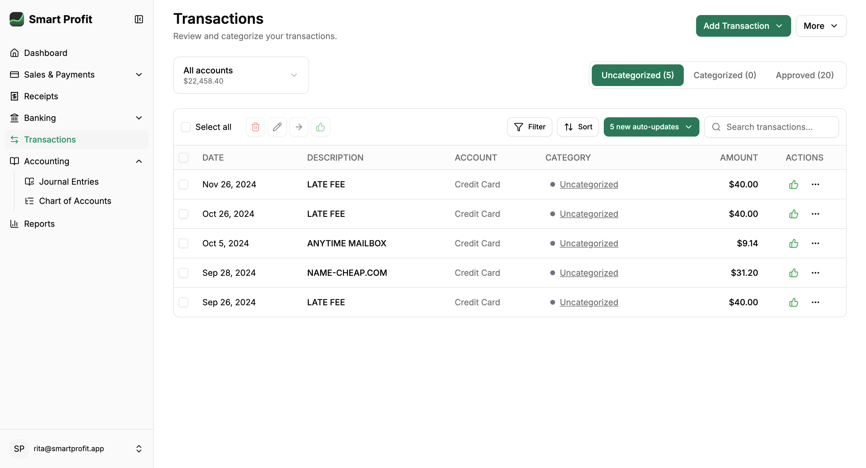 Smart Profit transactions dashboard